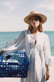 Wide-Striped Dress with Puff Sleeves - Image 2
